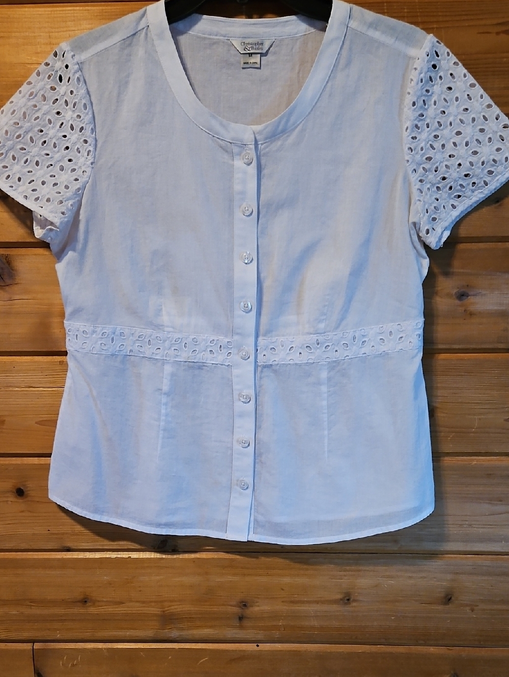 ✨️Christopher & Banks- Women's White Eyelet-Trim Button Front Top